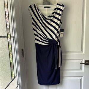 Lauren Ralph Lauren Blue and White Sheath Dress Wrap Tie Front Midi